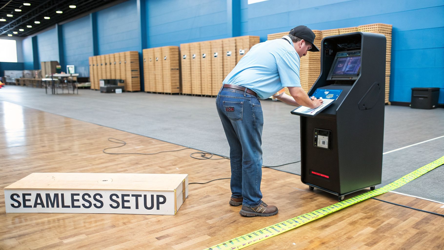A man in a blue shirt sets up a black arcade game machine in a large hall.