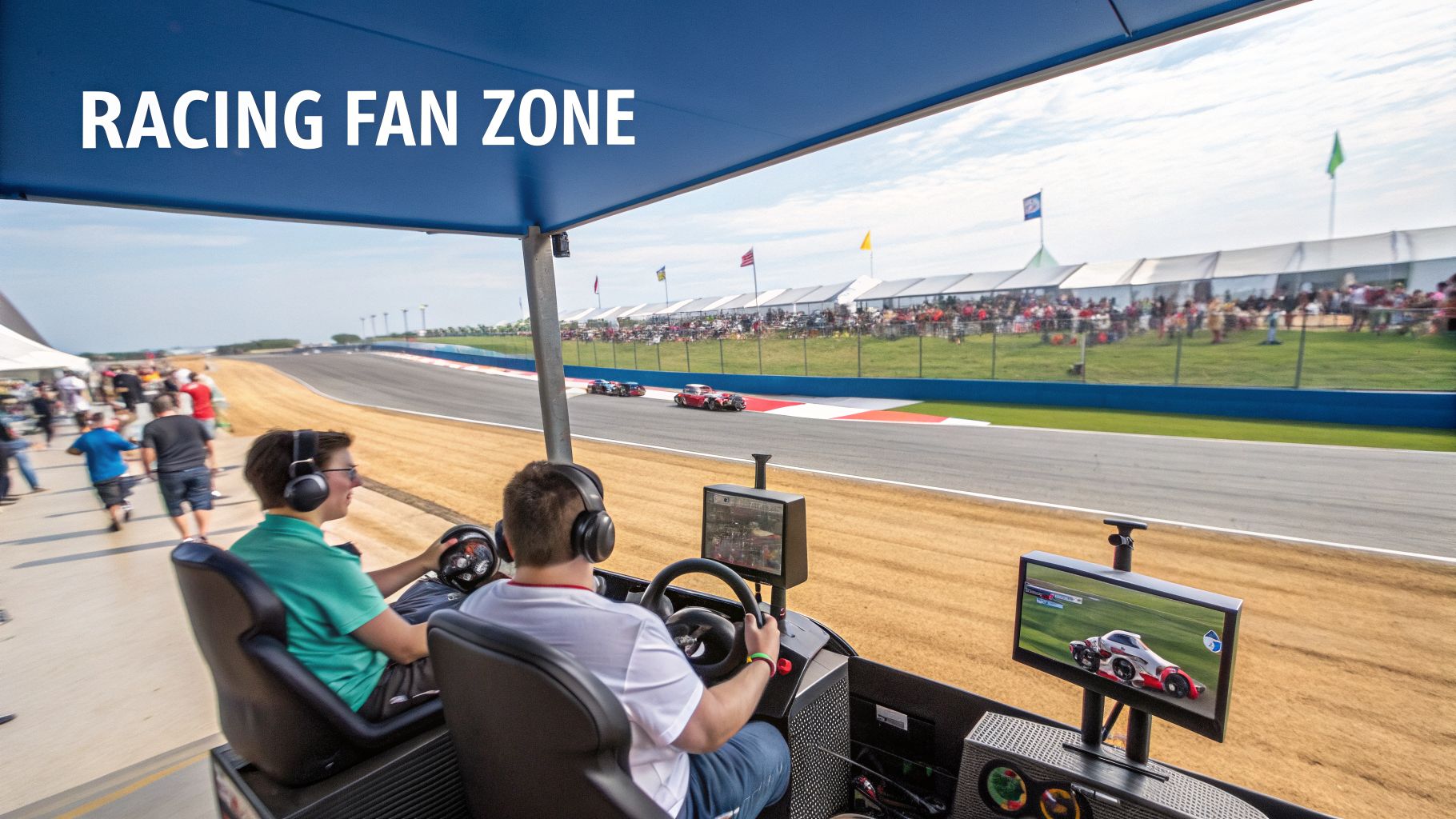 Fans in a racing simulator experience at a track, with real cars and spectators in the background.