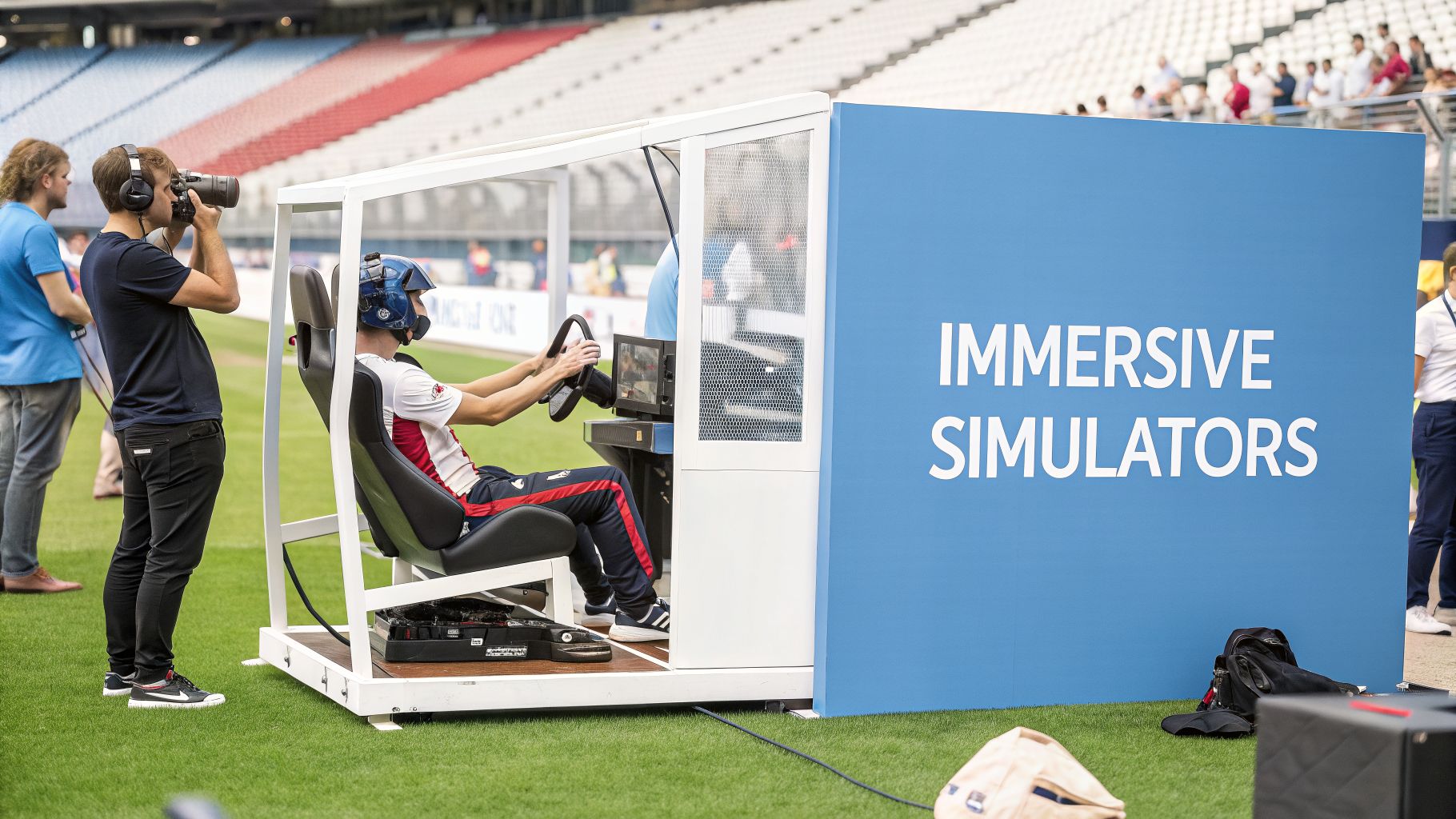 A man in a helmet uses an immersive racing simulator at an outdoor event, as a photographer captures the scene.