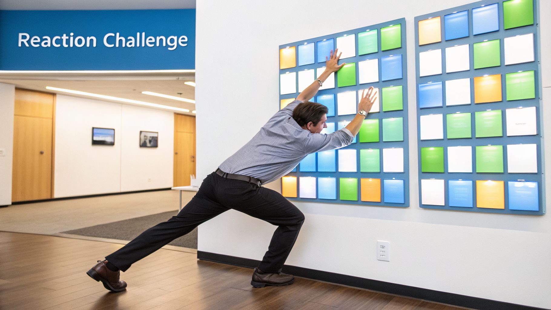 A man enthusiastically participates in a reaction challenge, reaching for colorful illuminated panels on a wall.