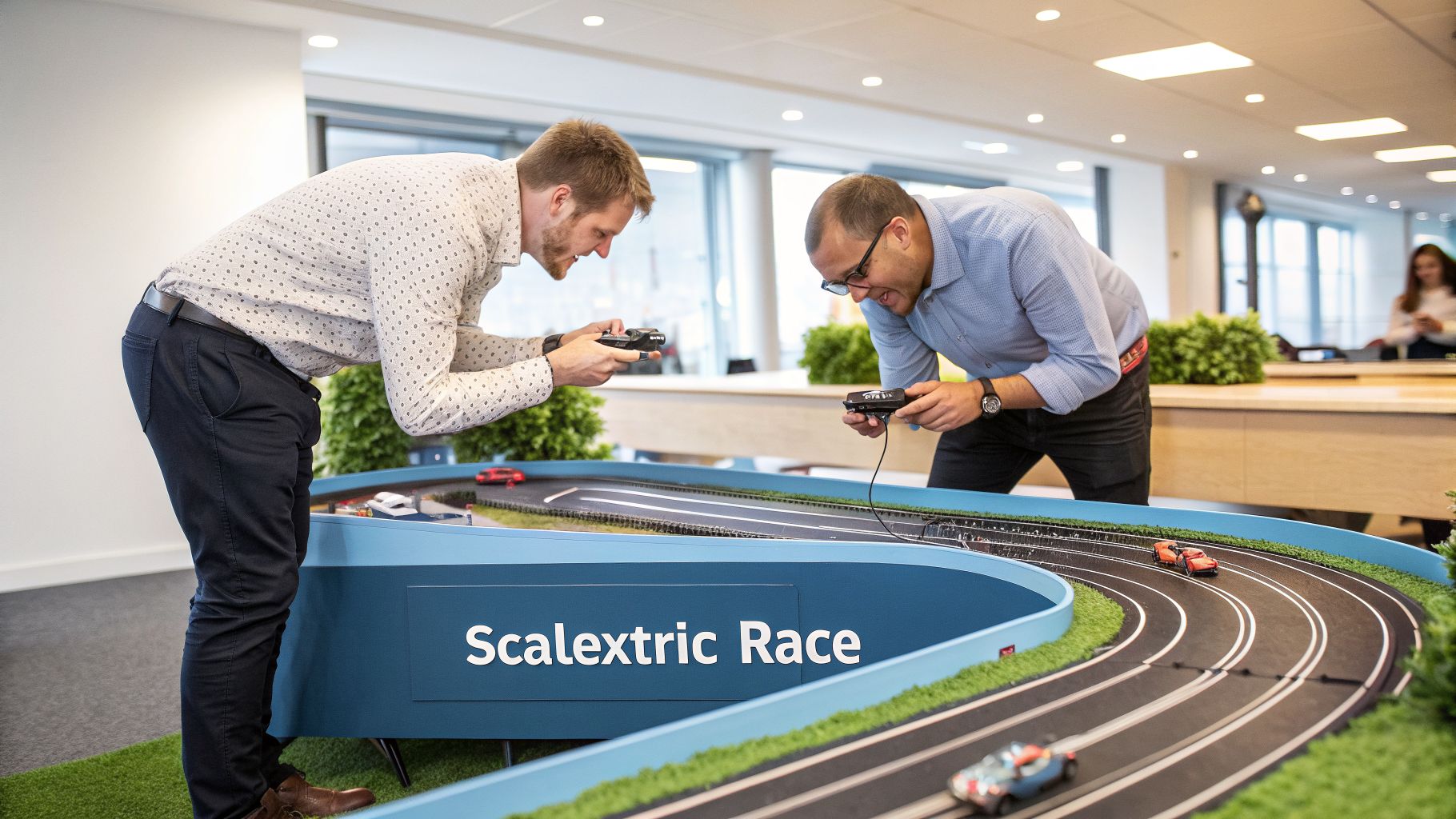 Two men intensely focused, playing a Scalextric slot car race game in a modern office.