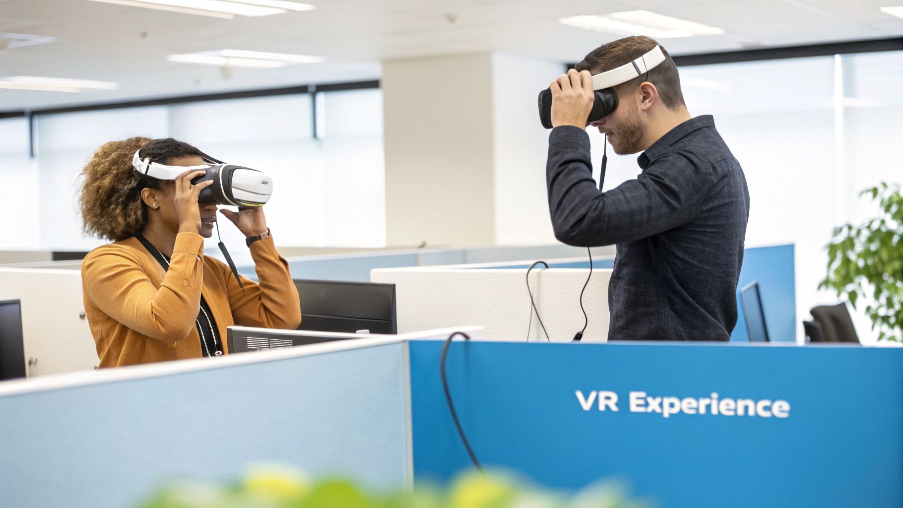 Diverse colleagues in an office setting are immersed in a virtual reality experience, wearing VR headsets.