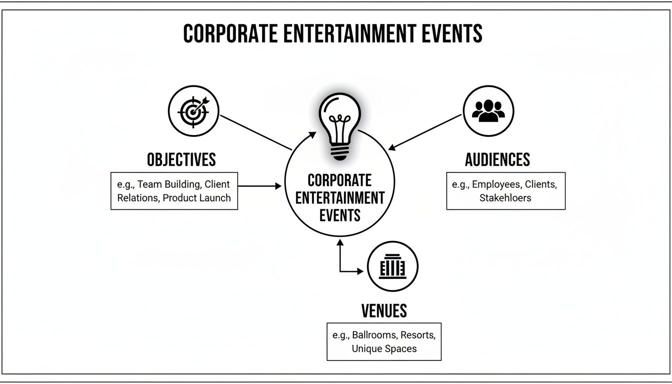 A clear diagram outlining the key elements of corporate entertainment events: objectives, audiences, and venues.