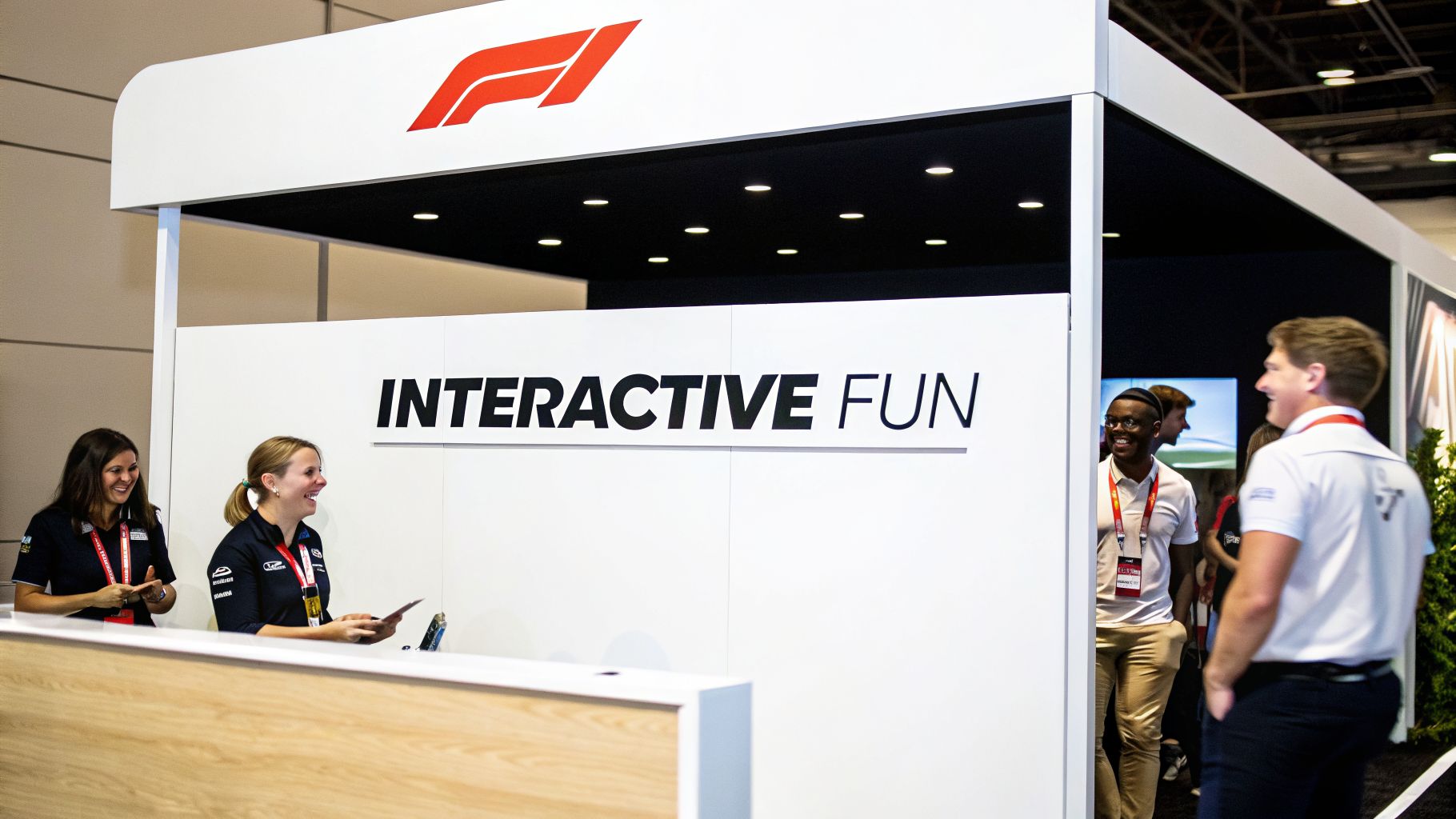 Smiling attendees and staff interact at a Formula 1 branded corporate event booth.