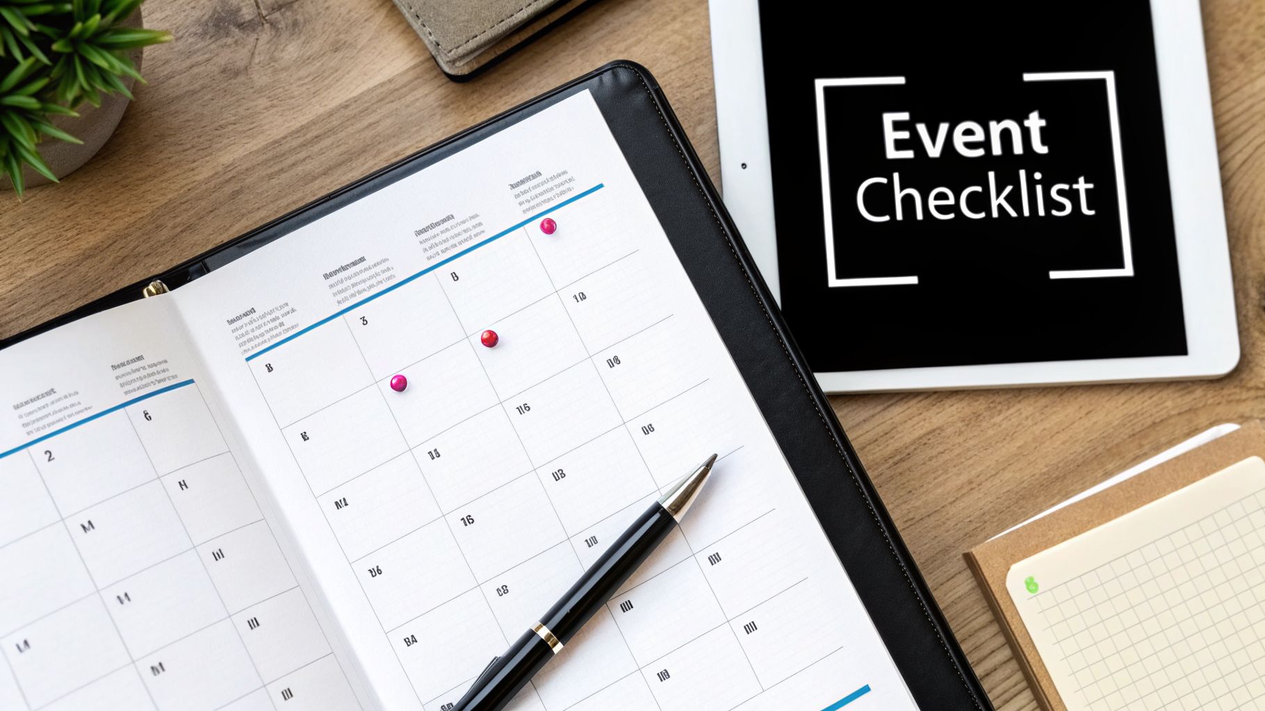 Overhead view of a planner with event pins, a pen, and a tablet displaying 'Event Checklist' on a wooden desk.