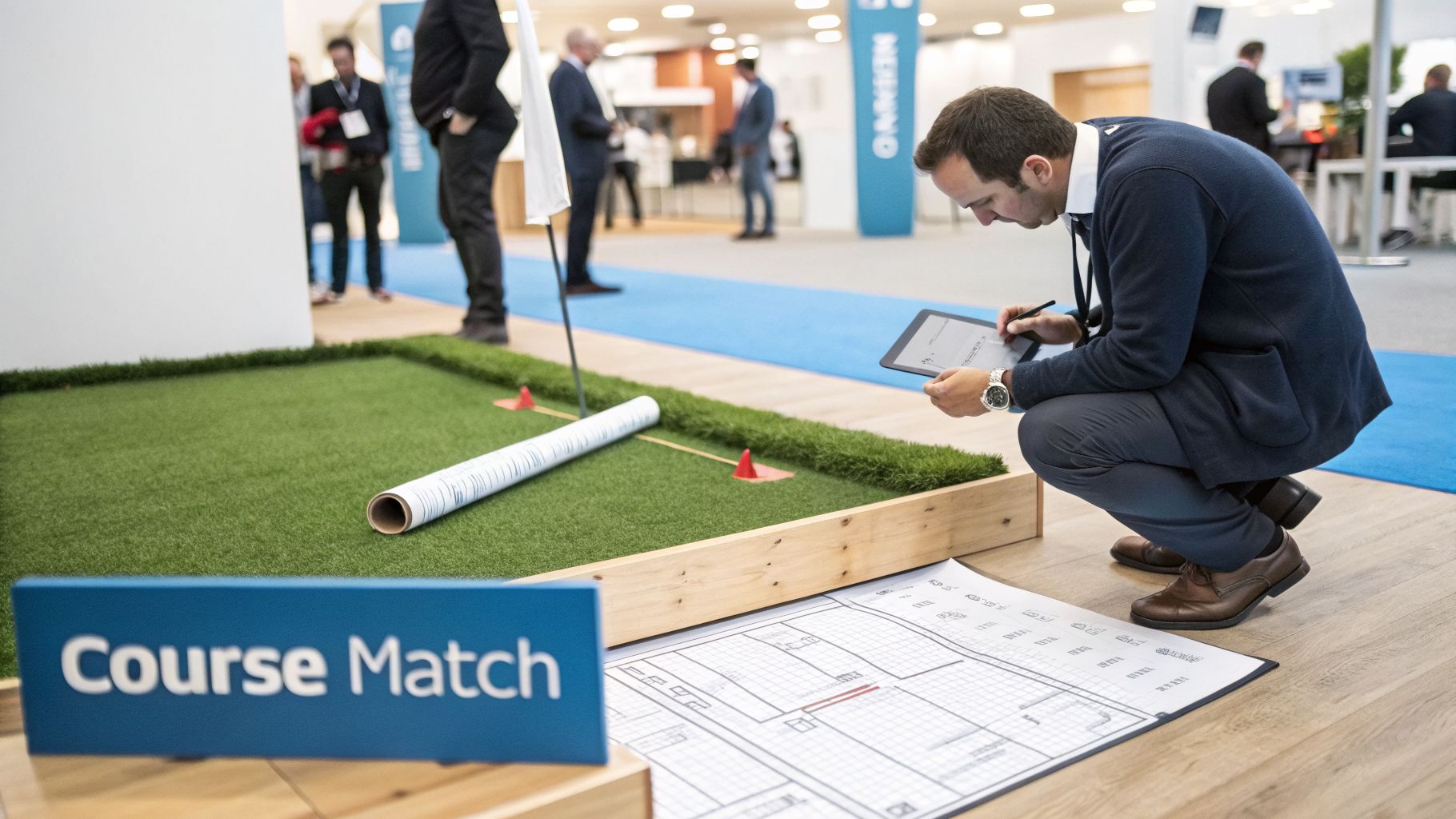 A man digitally plans a mini-golf course setup at an exhibition with a blueprint.