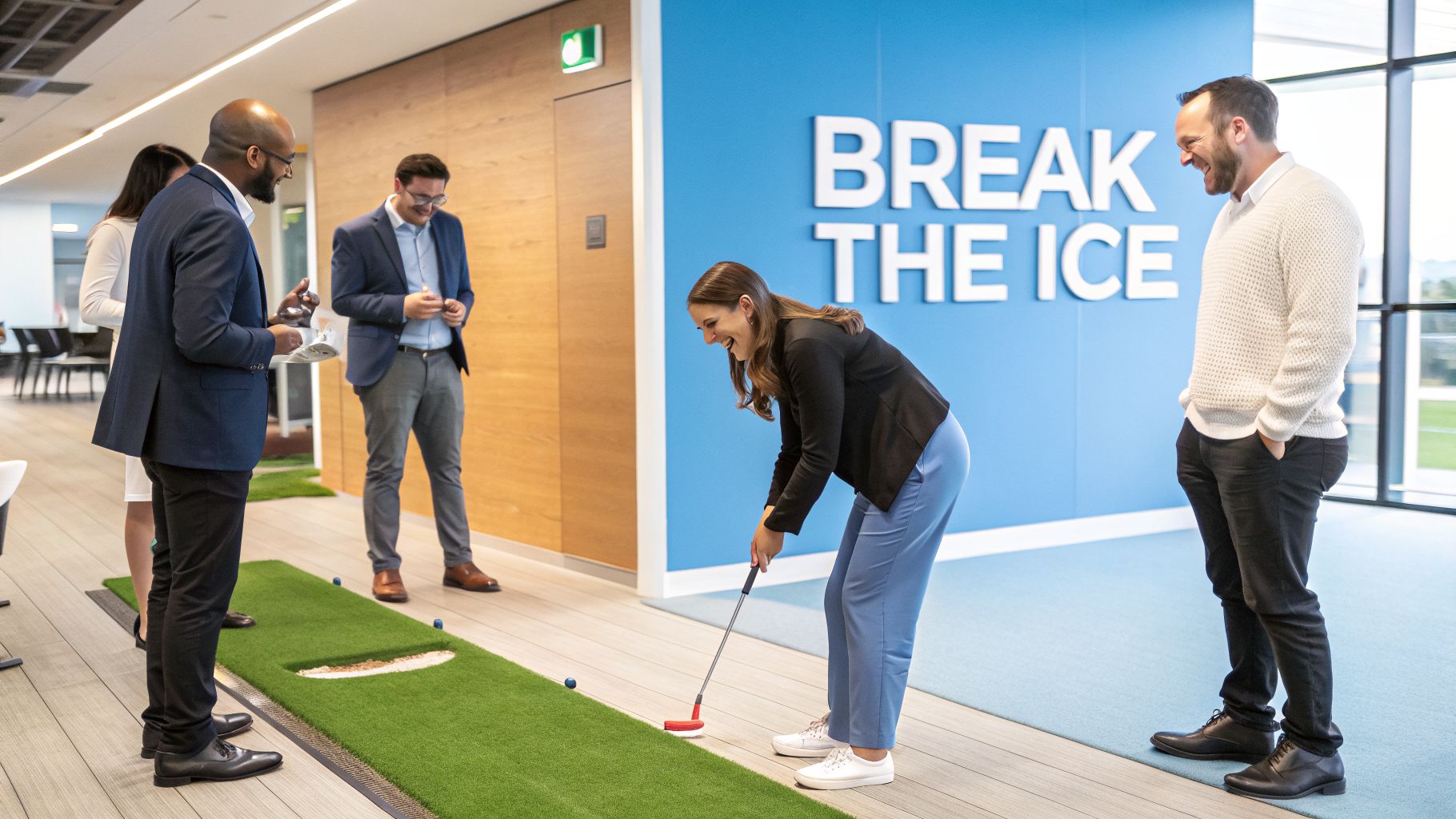 Colleagues laughing and playing indoor mini golf for a team building activity in an office.