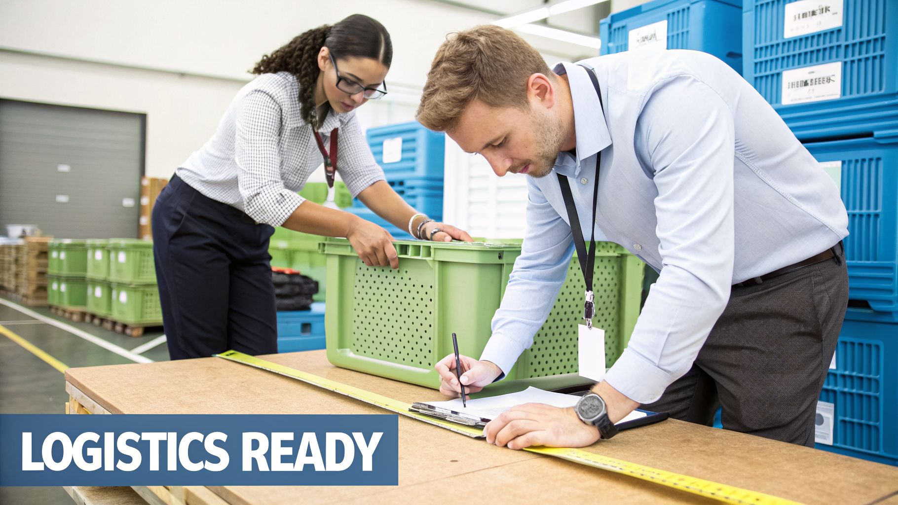 Two logistics workers inspecting inventory in a warehouse, with one writing and the other handling a crate.