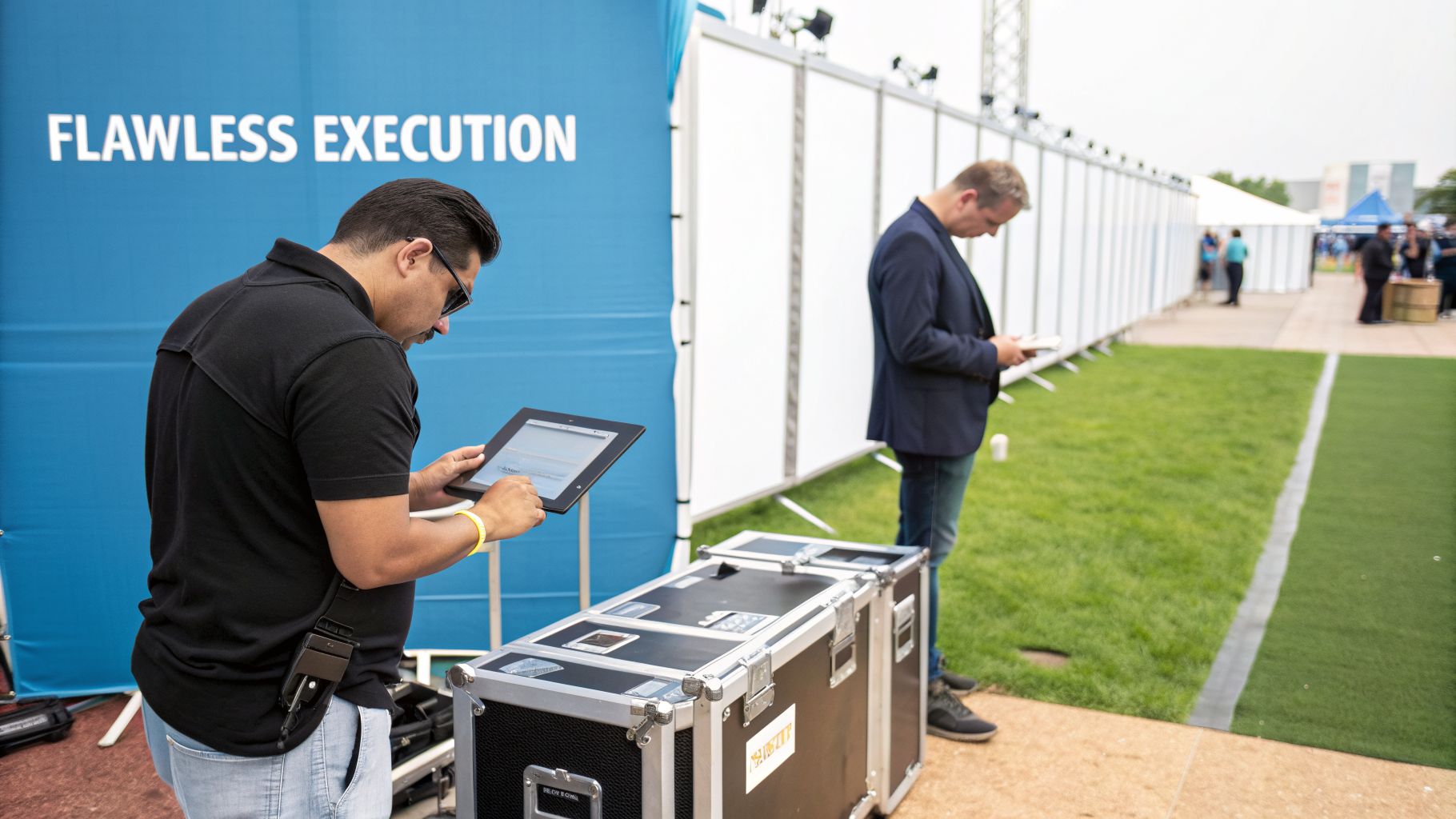 Two men managing an outdoor event, one using a tablet in front of an 'Flawless Execution' banner.