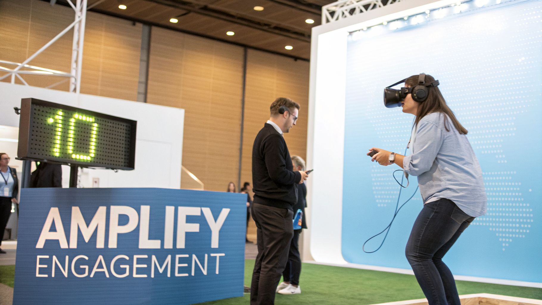Woman immersed in virtual reality at an event, wearing a VR headset and holding controllers, near an engagement sign.