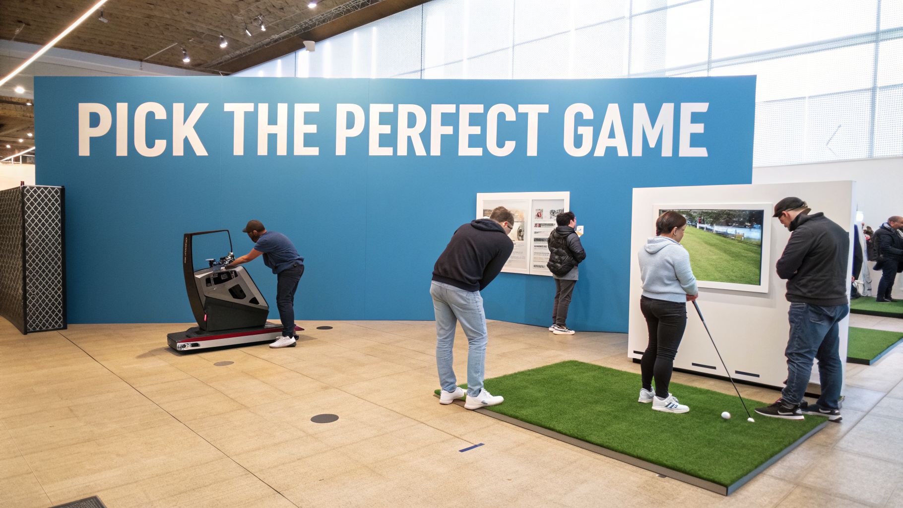 People explore interactive sports and game exhibits, including virtual golf, at a modern indoor event.