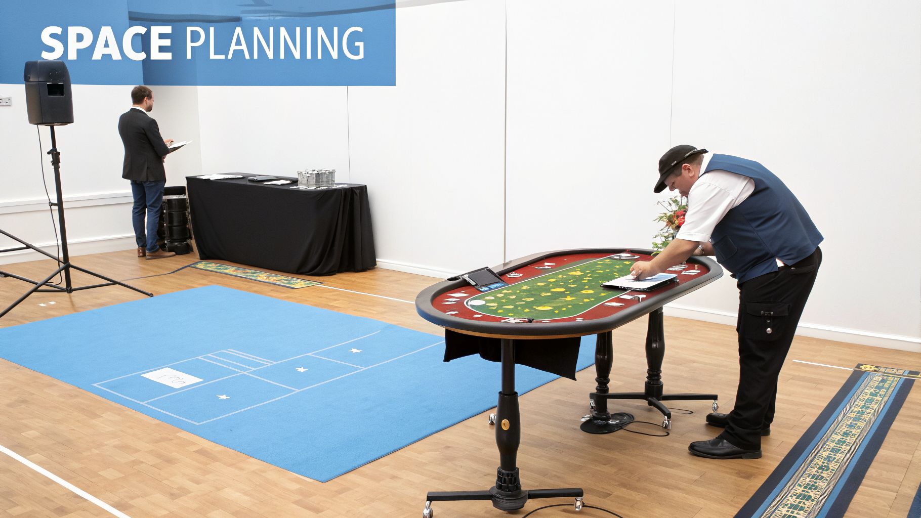 Event professionals setting up a casino table and planning layout in a large white room.