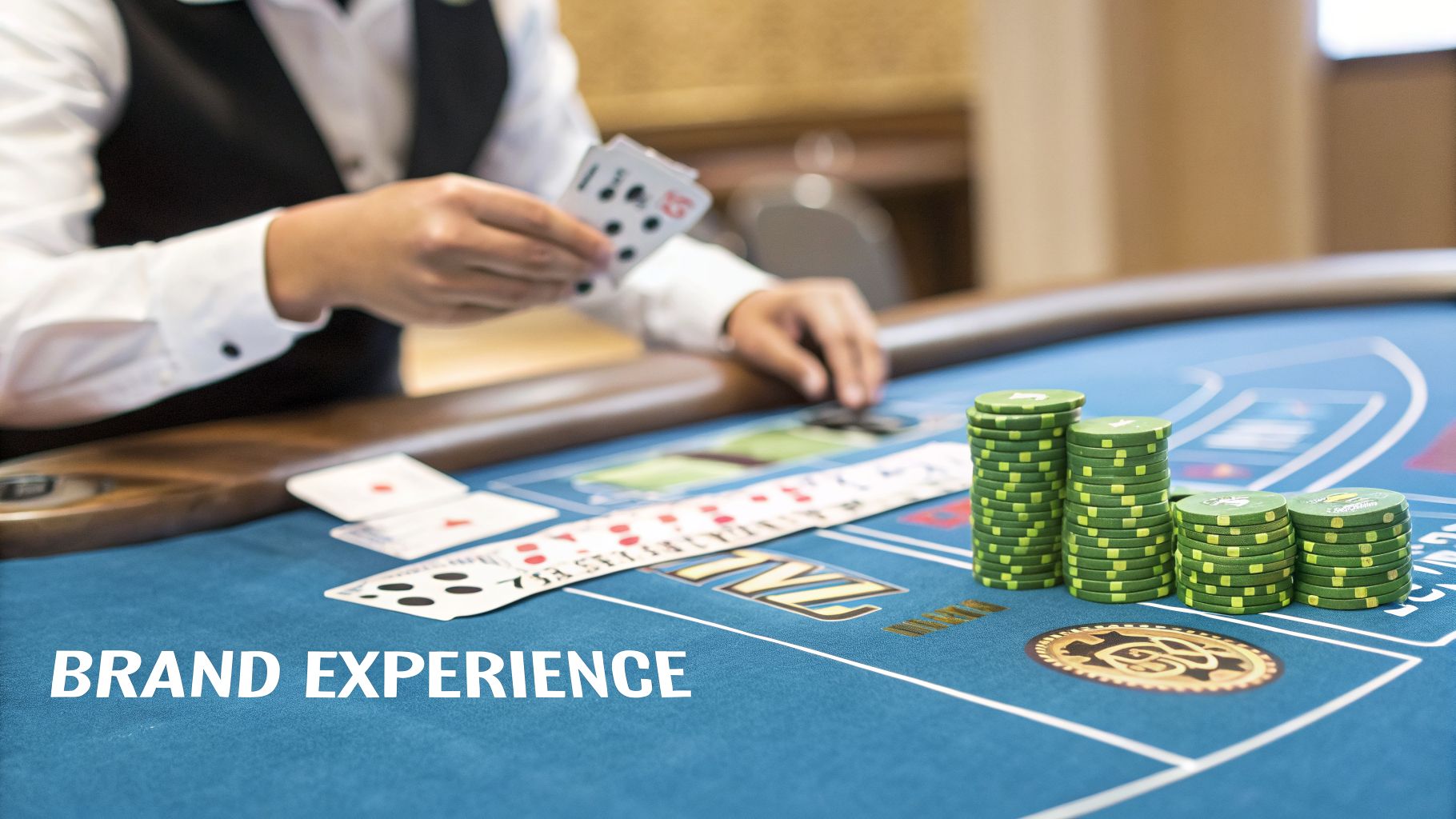 A close-up shot of a person holding playing cards at a blue casino table with stacks of green poker chips.