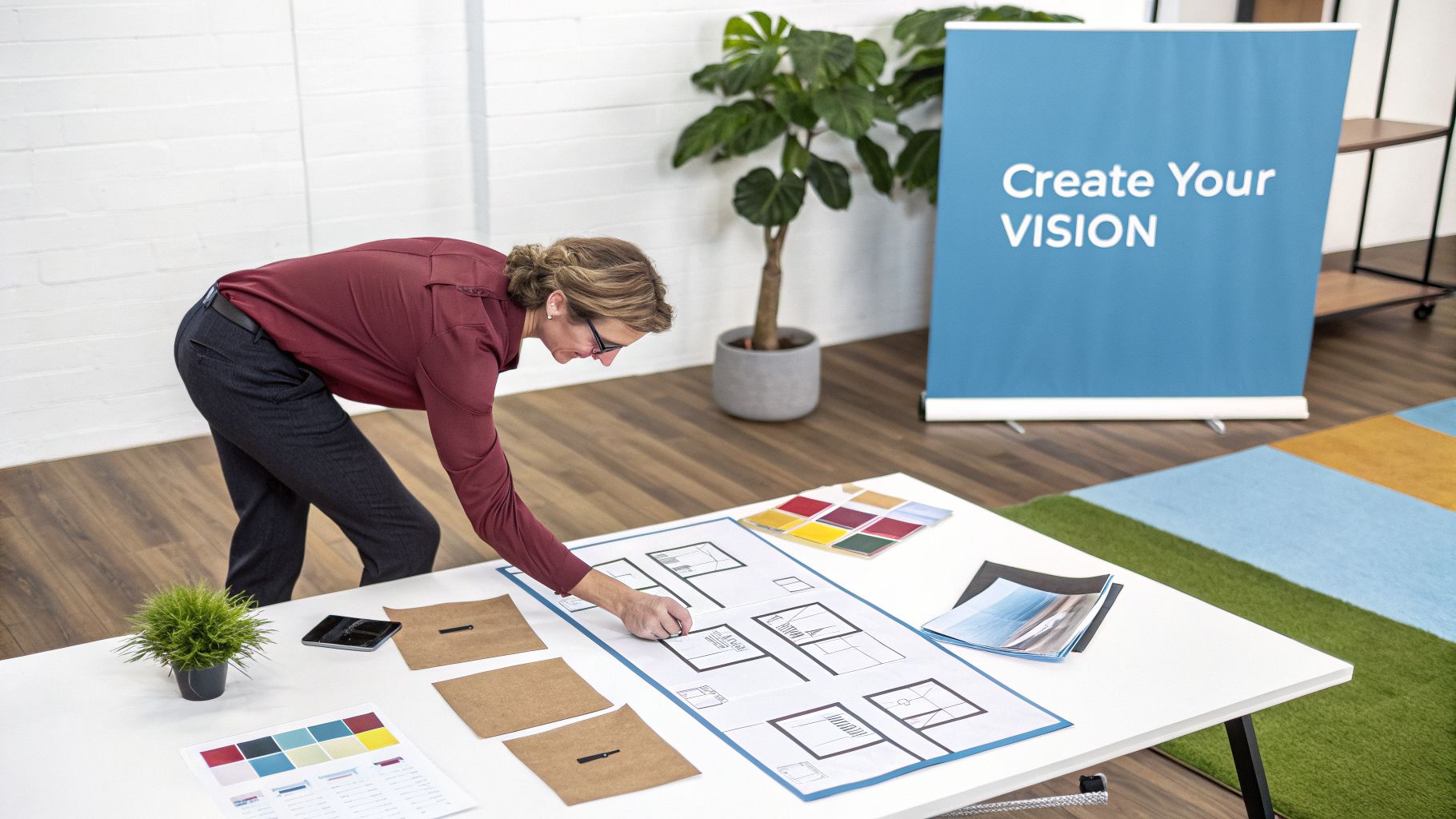 An interior designer works on a large blueprint with color swatches and design materials.