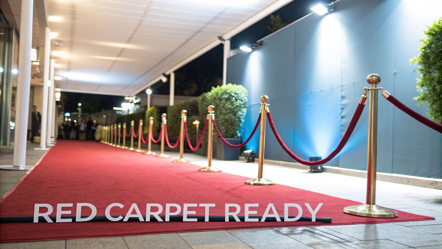 A glamorous red carpet entrance with gold stanchions and velvet ropes, leading to a party venue at night.