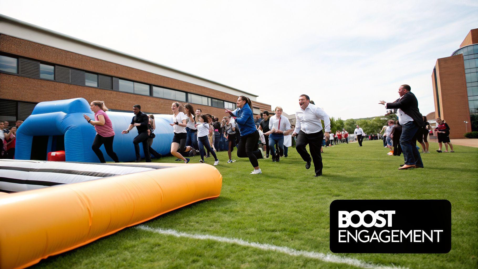 People enthusiastically run and jump on a large inflatable obstacle course outdoors.