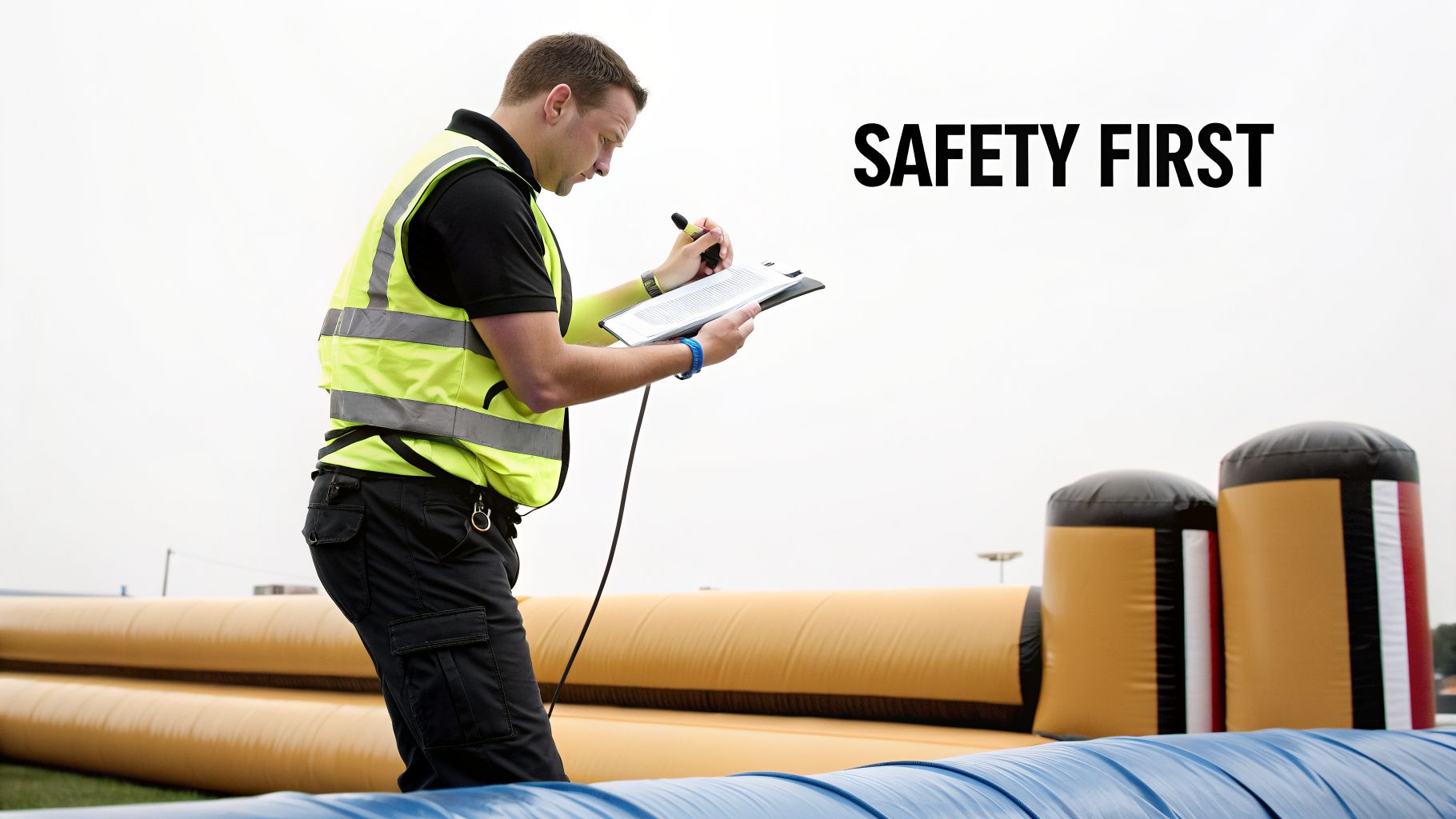A man in a safety vest with a clipboard inspecting an inflatable obstacle course, emphasizing safety first.