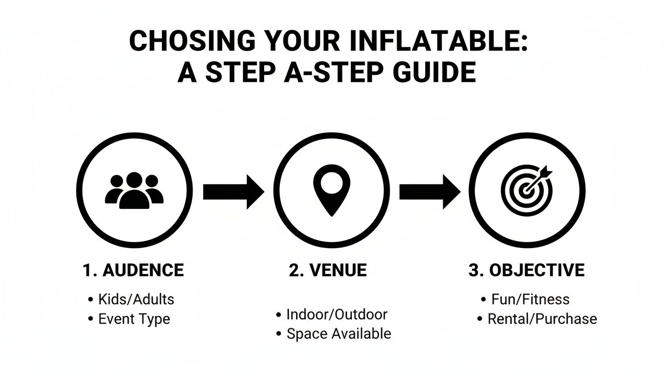 An infographic showing a three-step guide for choosing an inflatable, covering audience, venue, and objective.