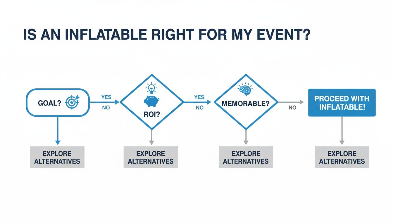 Flowchart guiding users to decide if an inflatable is right for their event based on goals, ROI, and memorability.