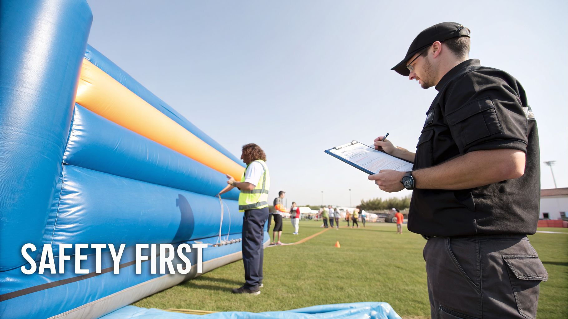A safety inspector diligently checks a large blue and orange inflatable at an outdoor event, with "SAFETY FIRST" overlay.