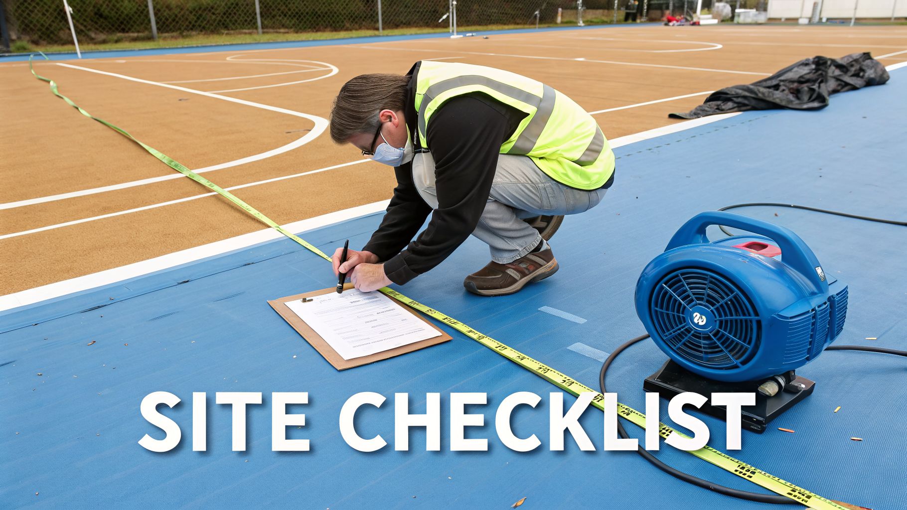 A masked worker in a high-vis vest completes a site checklist on a blue court with a measuring tape and fan.