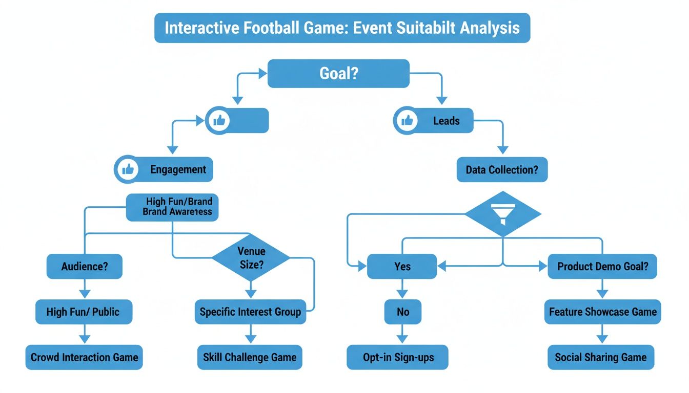 A flowchart detailing an interactive football game event suitability analysis based on goals like engagement or leads.