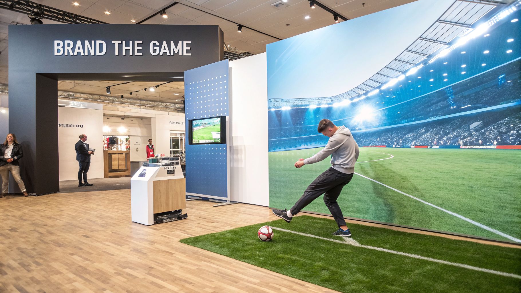 A man plays an interactive football game at an exhibition with a stadium backdrop.