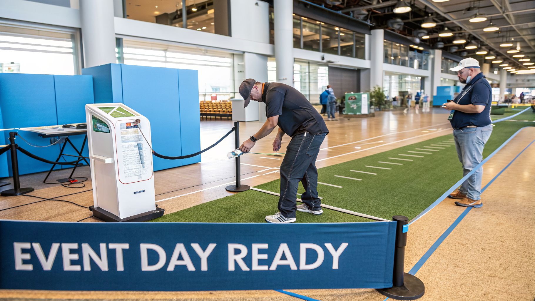 Two men preparing an indoor event space with an interactive display and football-themed turf for an event.