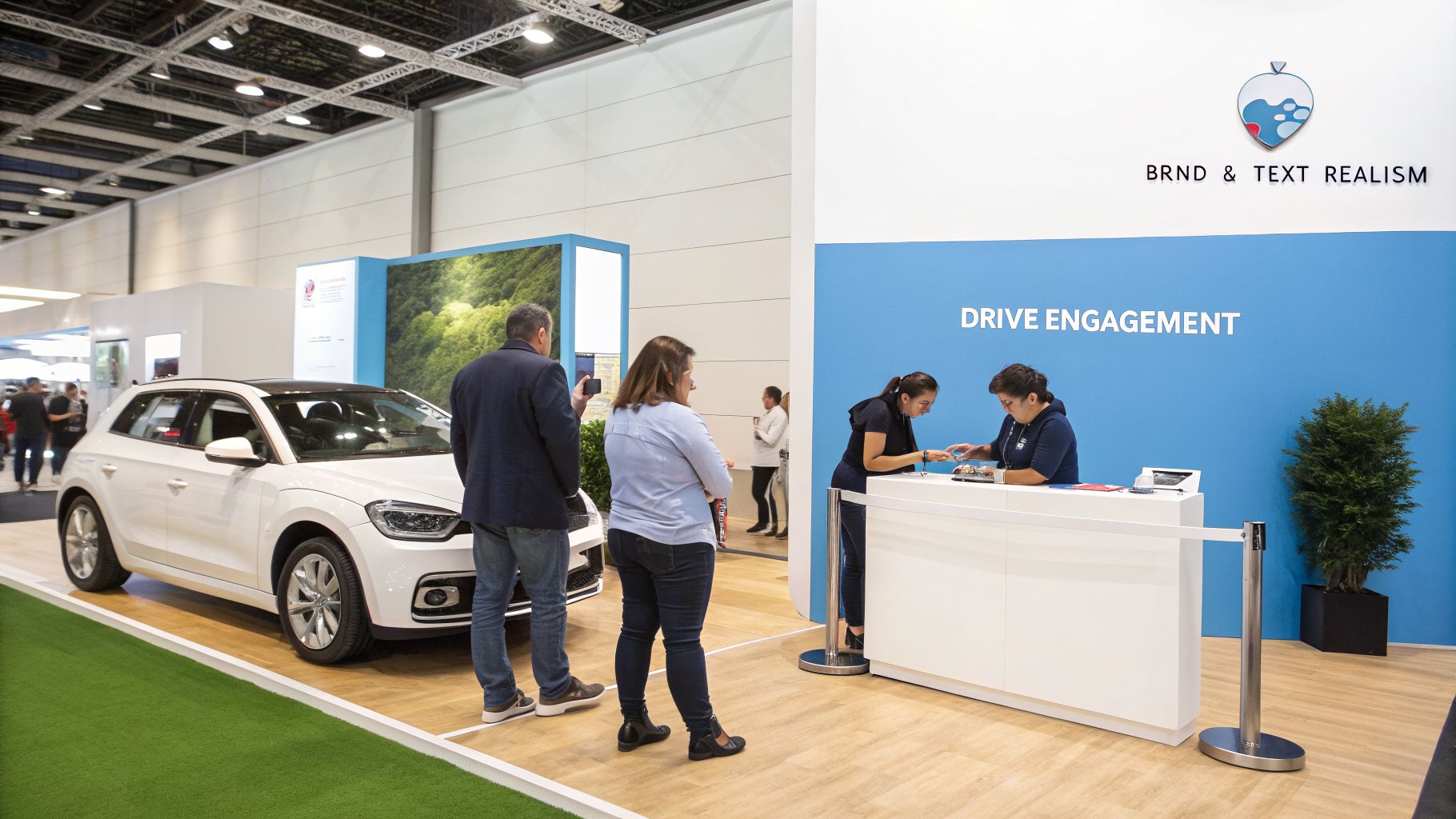 Trade show booth featuring a white car on display, people viewing it, and a reception desk.