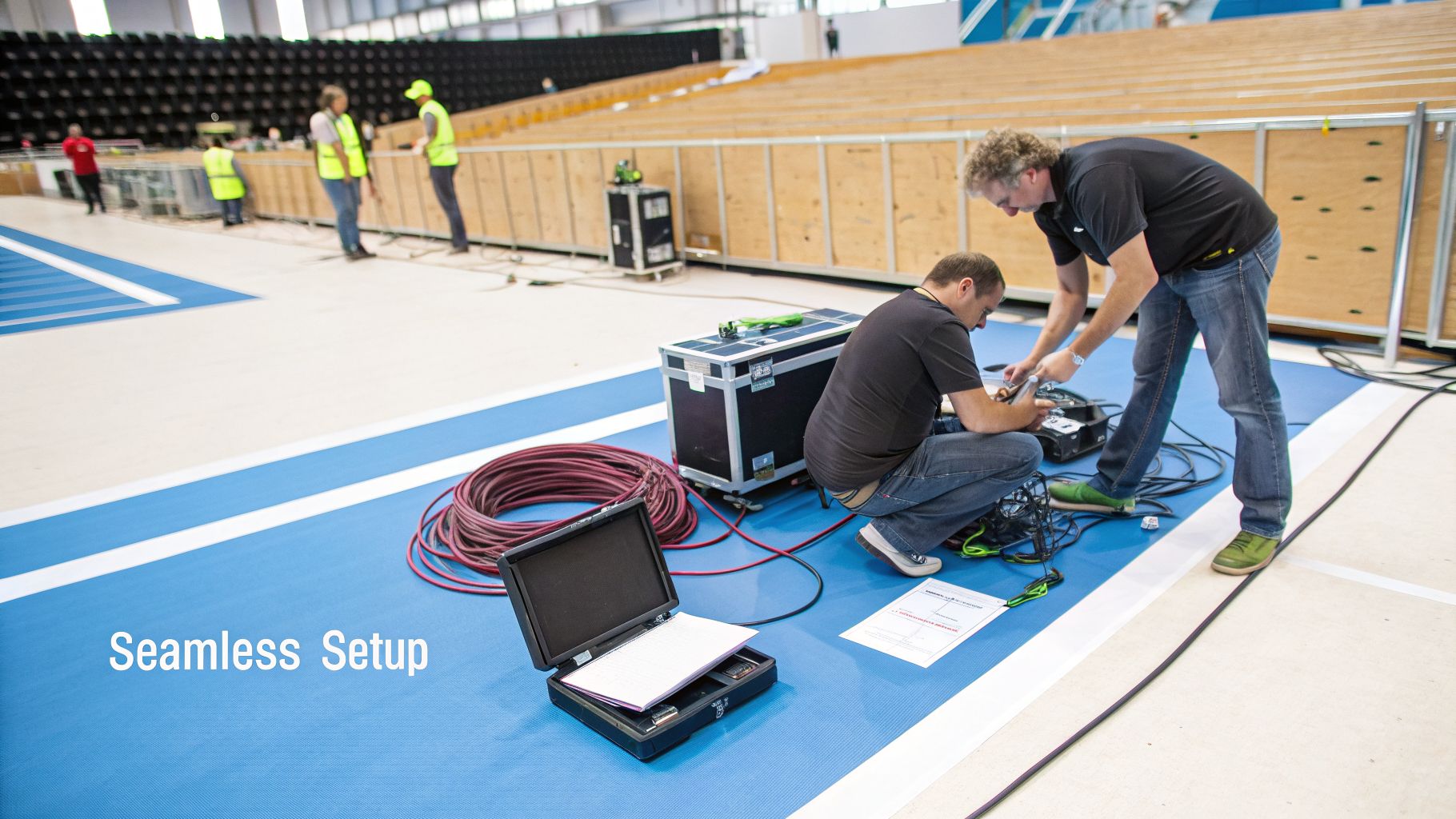 Event technicians work diligently connecting wires and gear on a blue sports floor for a seamless setup.