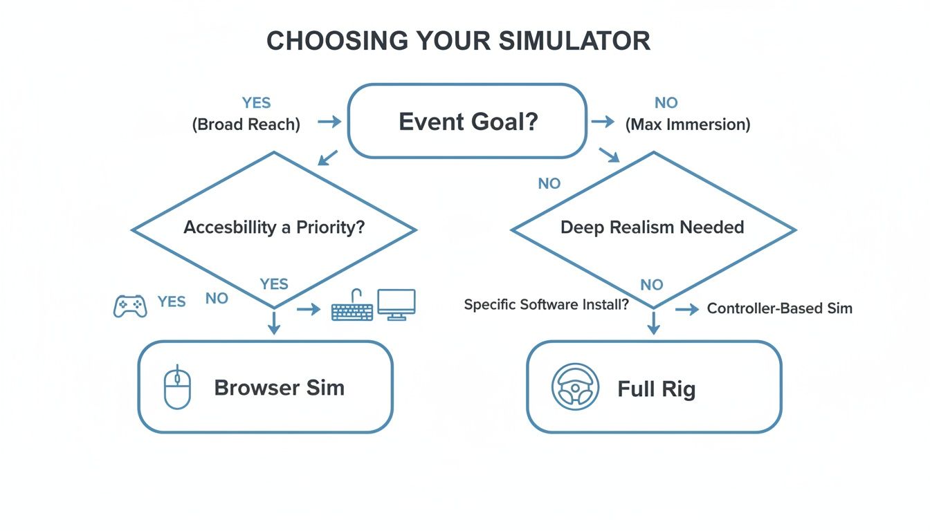 Flowchart guiding the choice of a simulator based on event goals, accessibility, realism, and software.