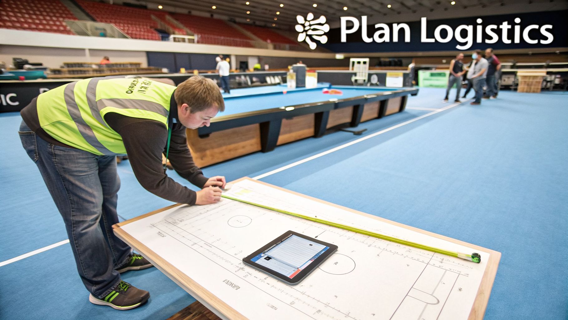 A logistics worker in a high-vis vest measures a plan on a table in a large indoor venue.
