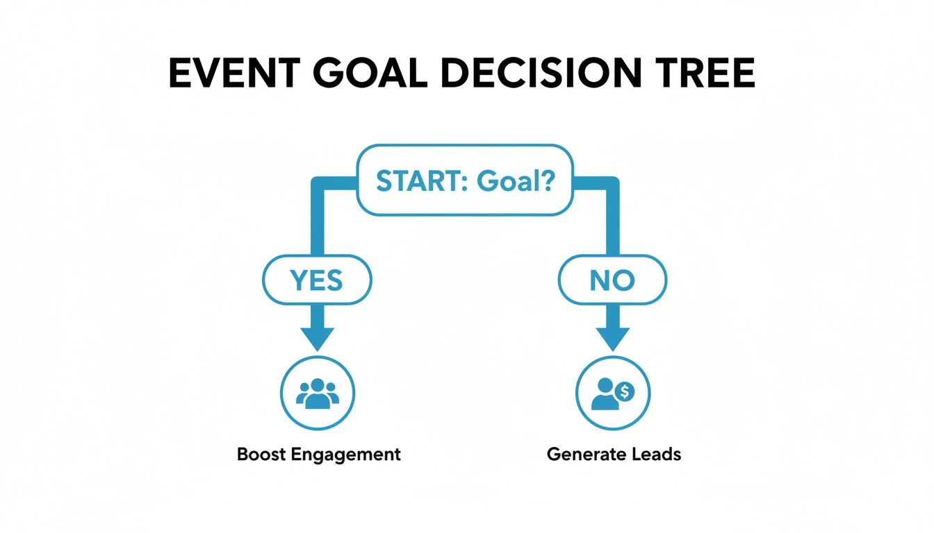 A flowchart titled 'Event Goal Decision Tree' showing two paths: 'Boost Engagement' for 'YES' and 'Generate Leads' for 'NO'.