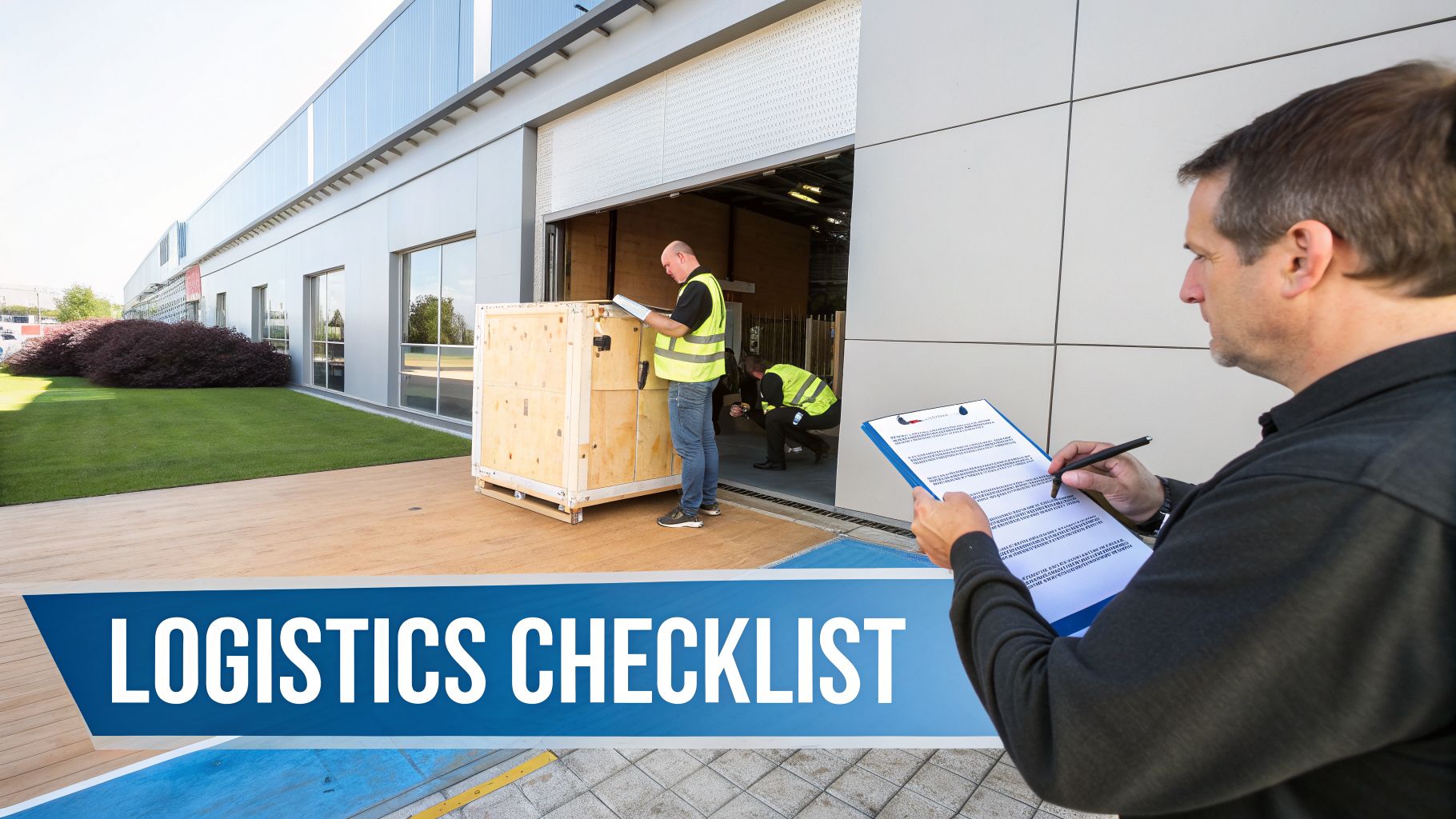 Logistics workers checking a large wooden crate at a warehouse loading dock, with one reviewing a checklist.