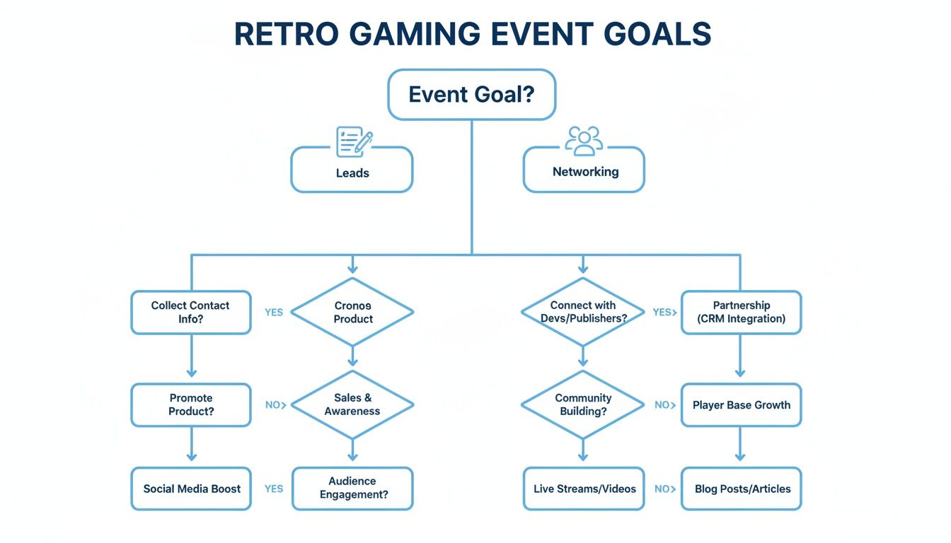 Flowchart detailing retro gaming event goals, including lead generation, networking, product promotion, and community building.