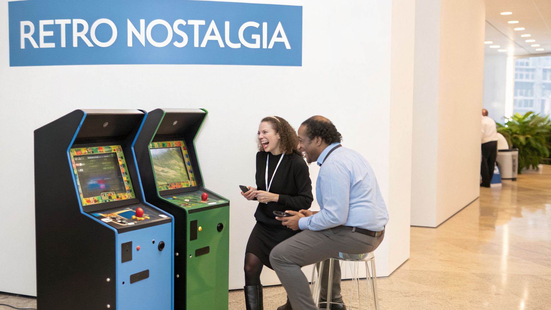 Two people laugh while playing retro arcade games under a 'Retro Nostalgia' sign.