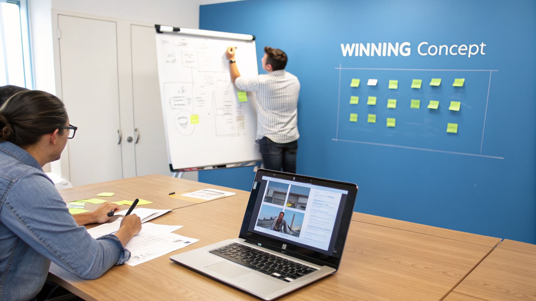 Two people collaborating in a modern office, brainstorming ideas on a flip chart and a laptop.