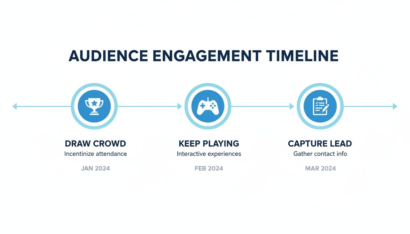 Audience engagement timeline with three stages: Draw Crowd, Keep Playing, and Capture Lead for Jan-Mar 2024.