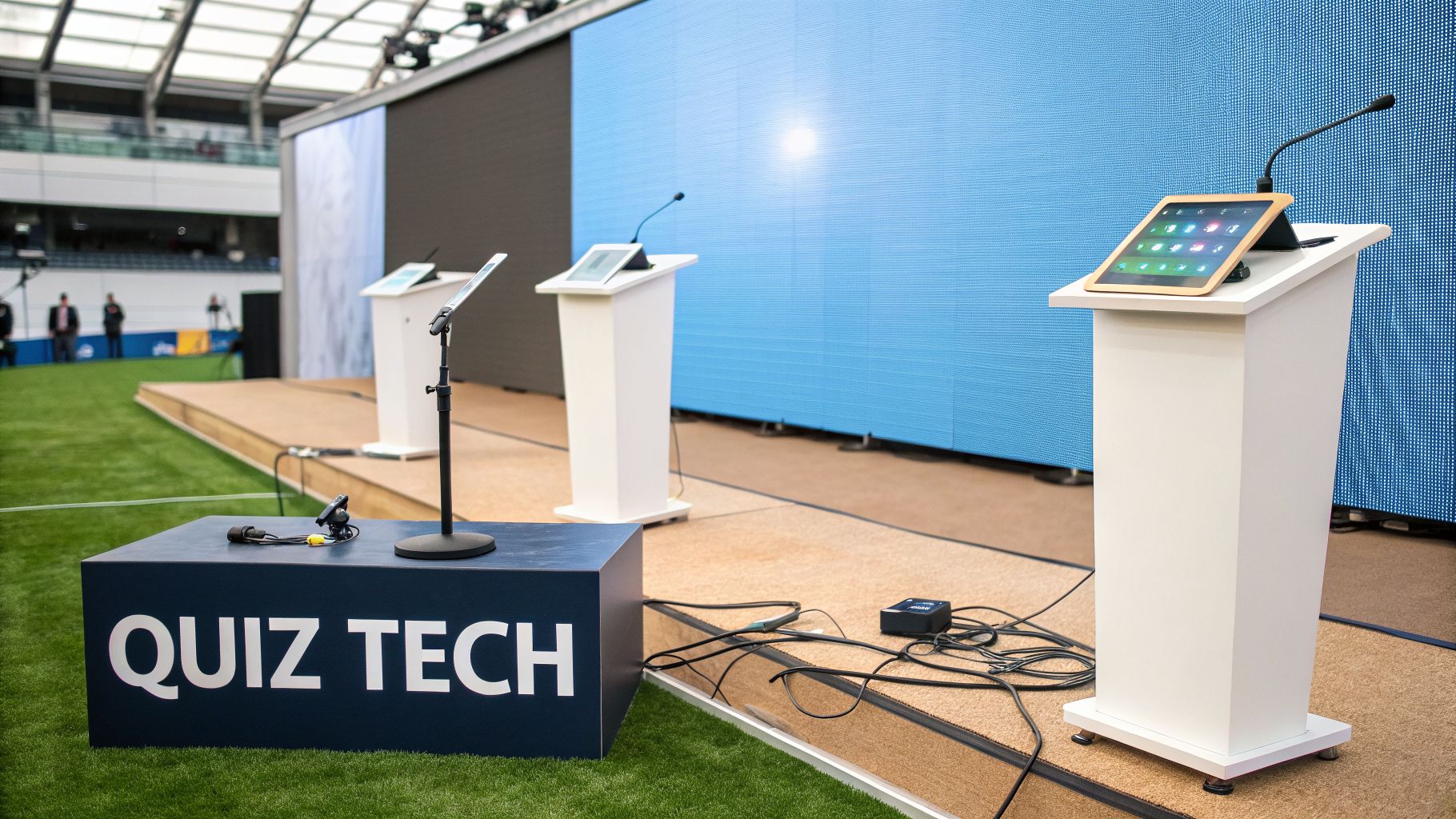 A modern quiz show stage with four podiums, tablets, microphones, and a large blue LED screen.