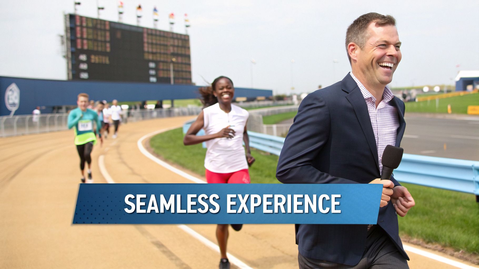 A male commentator runs and laughs on a track with female runners and a scoreboard in the background.