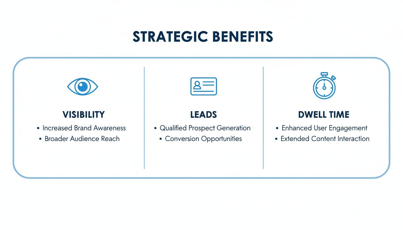 An infographic detailing strategic business benefits, including increased visibility, qualified leads, and enhanced dwell time.