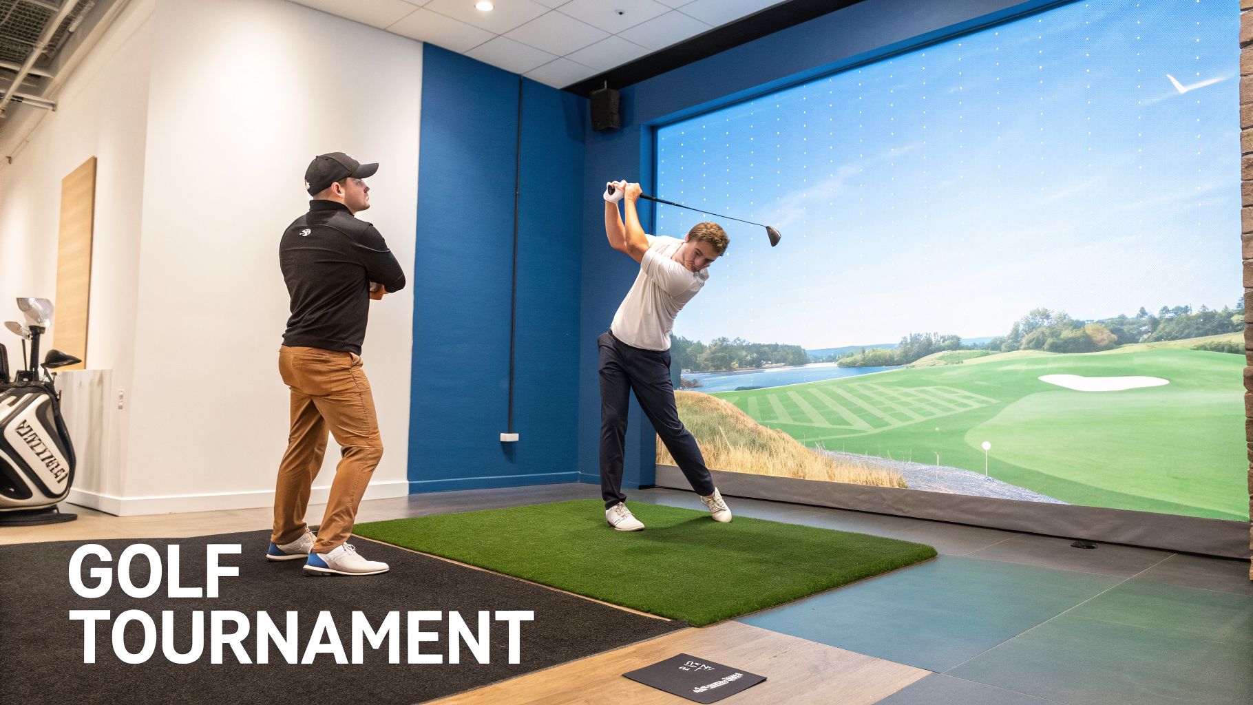 Two men playing golf in an indoor simulator, with one actively swinging the club.