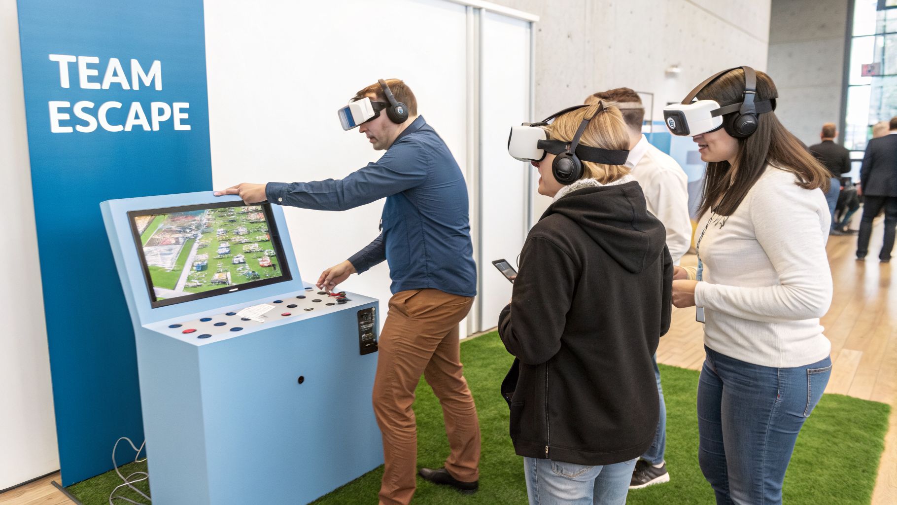 People wearing VR headsets playing a 'Team Escape' game on an interactive console.