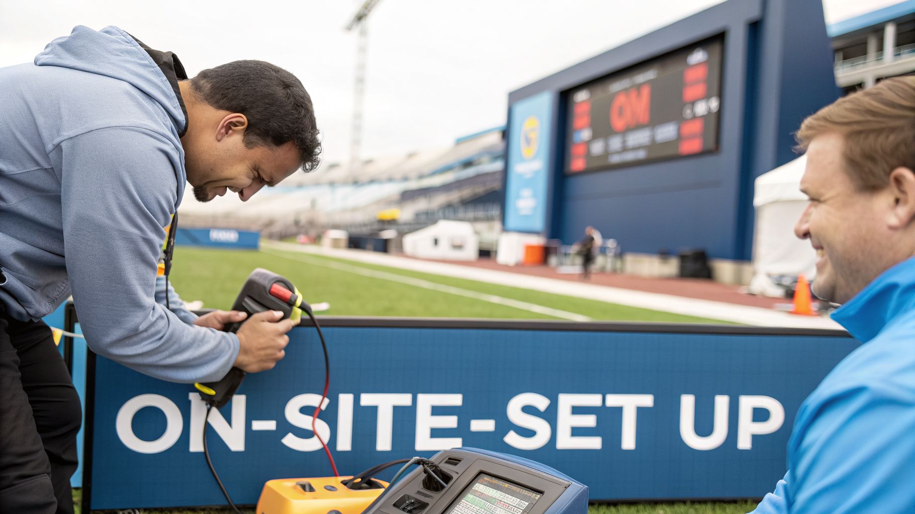 Two men setting up electronic equipment on a sports field with a scoreboard in the background.
