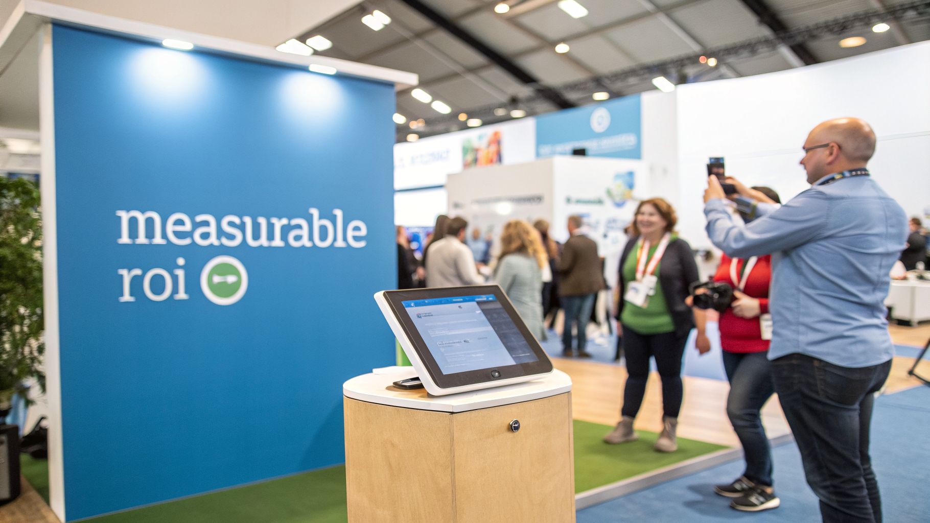 A man taking a photo at a trade show booth featuring a 'measurable roi' display and a digital kiosk.