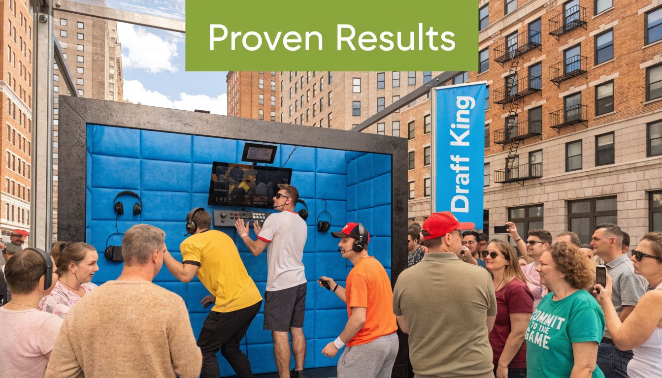 People interacting with a Draft Kings American football simulator booth in an outdoor city setting.