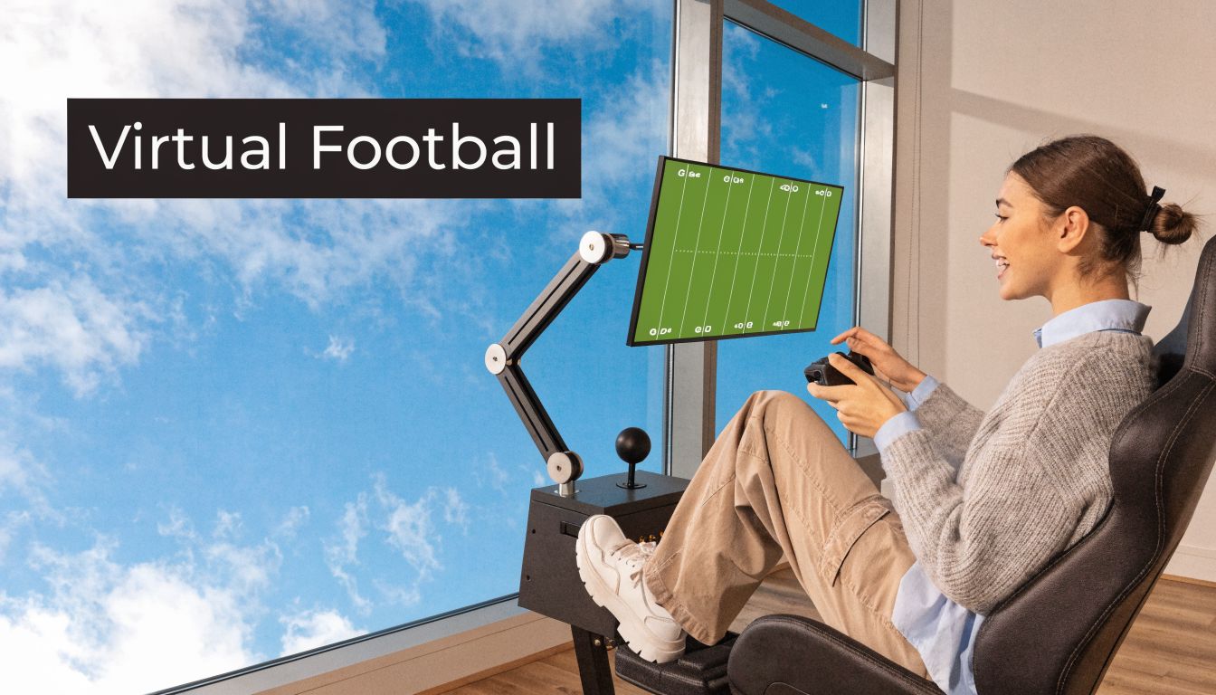 A woman playing an American football simulator game while sitting in a comfortable gaming chair.