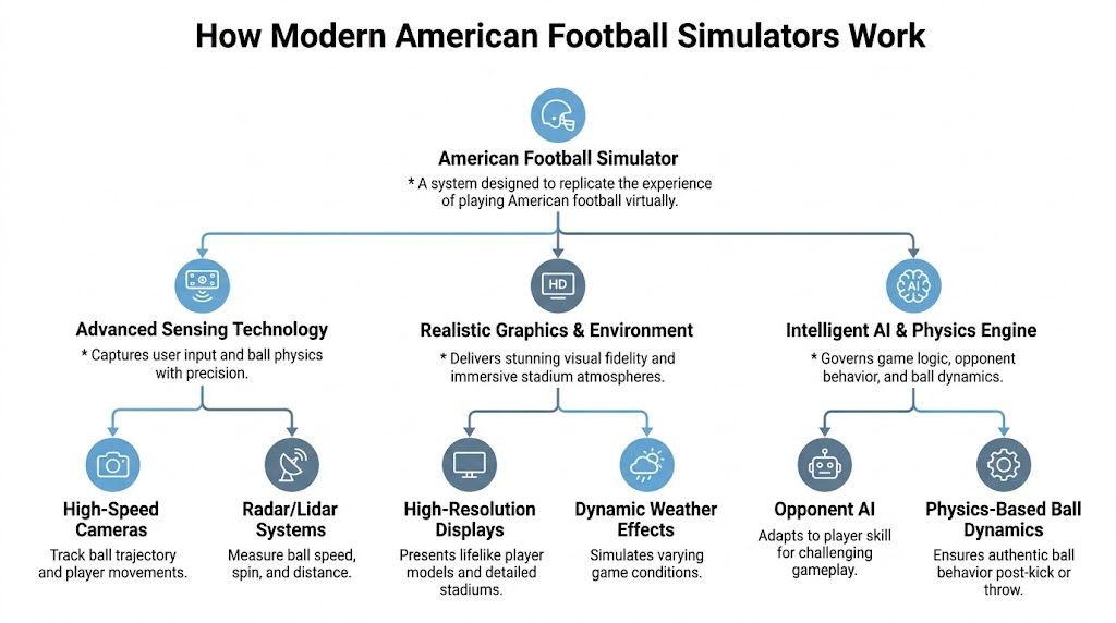 A diagram illustrating the core components and technology behind modern virtual American football simulator systems.
