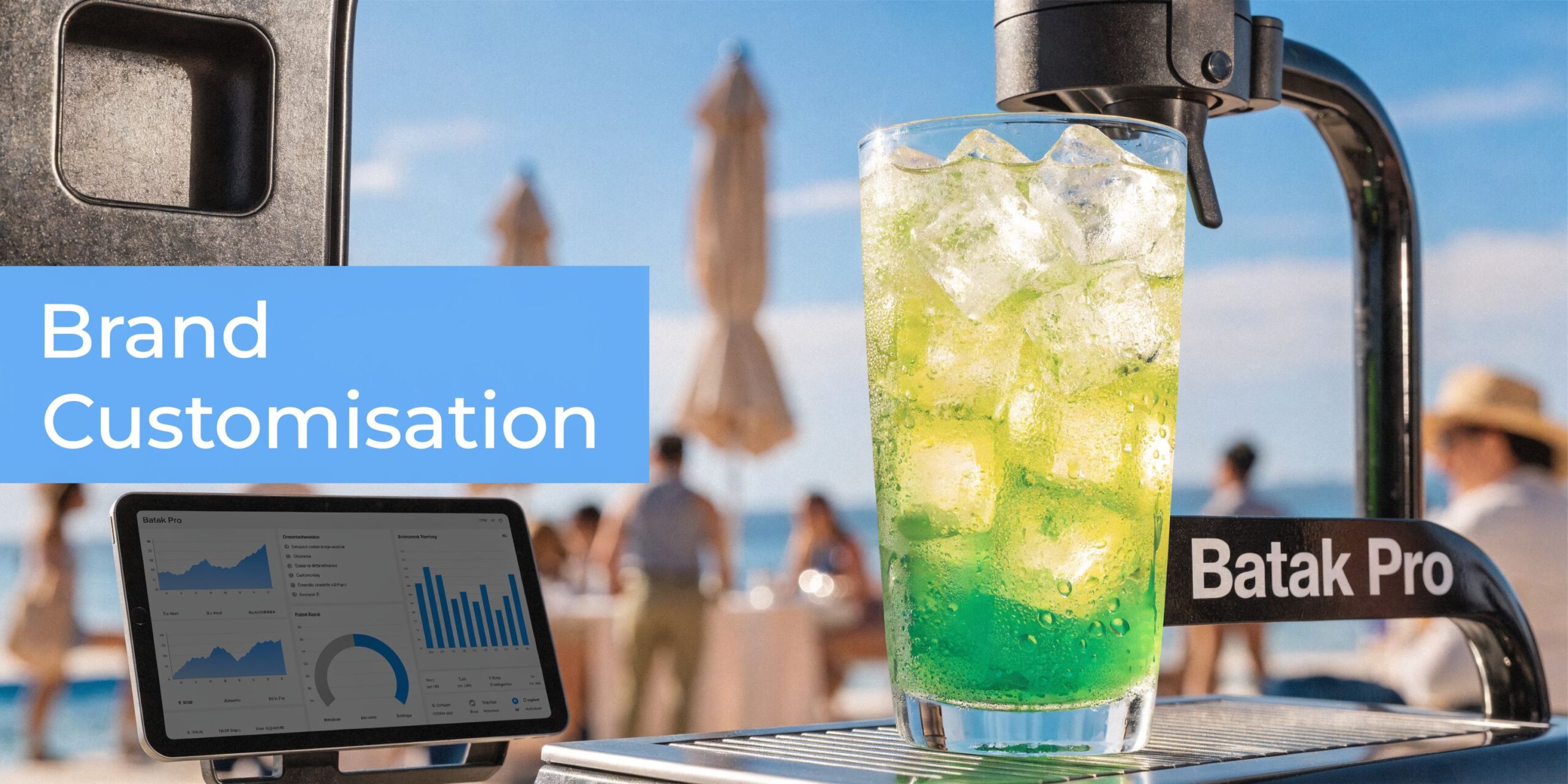 A Batak Pro beverage dispenser serving a refreshing green drink on a beach setting with analytics dashboard.