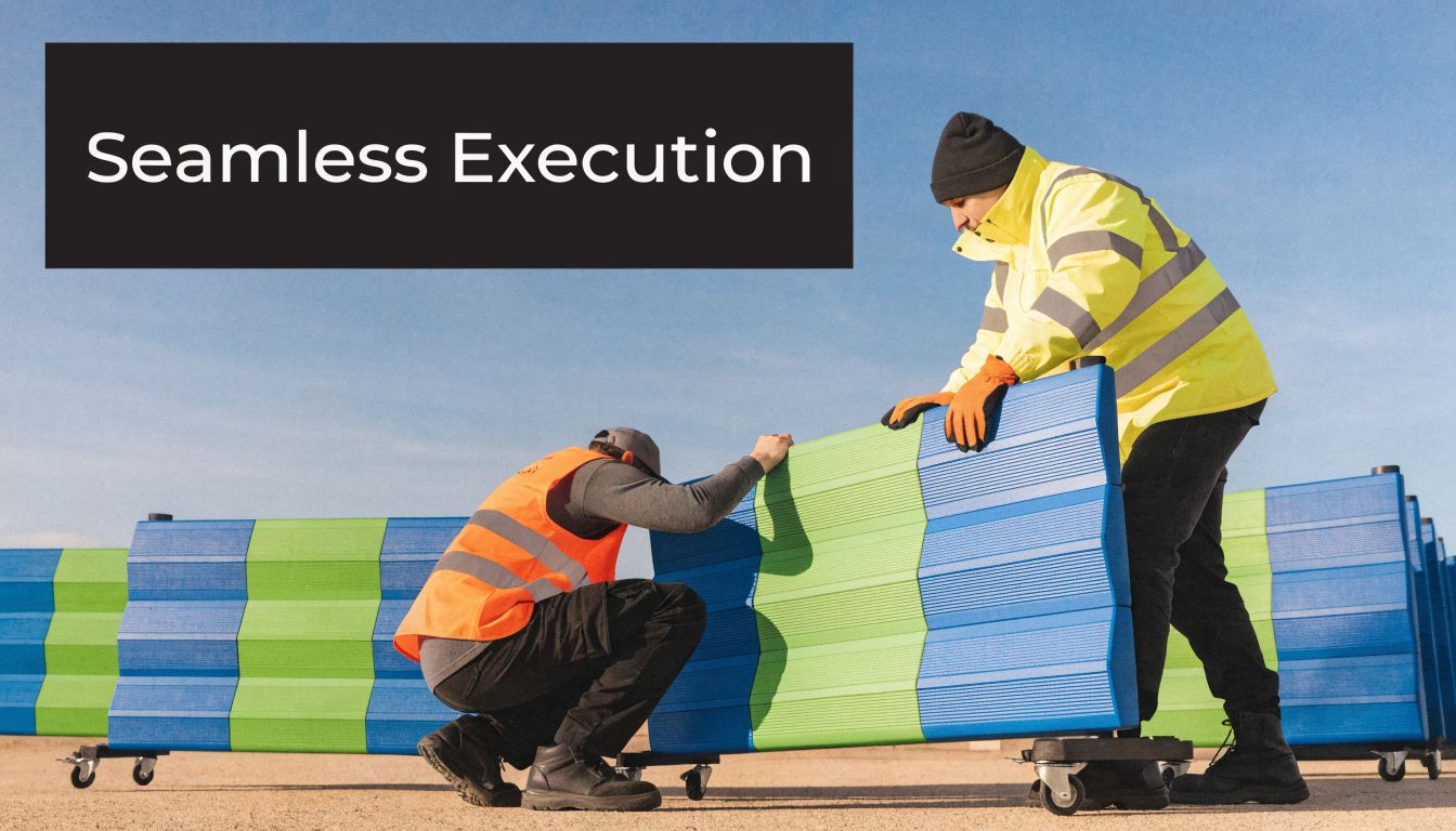 Two construction workers in safety gear assembling modular blue and green wall barriers on wheels outdoors.